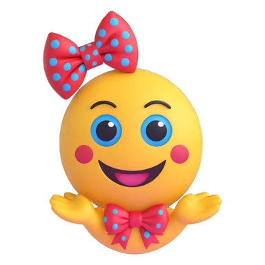 3D smiley emoji, large eyelashes, red polka dot bow, winking, waving, happy, blue eyes, cute style sticker