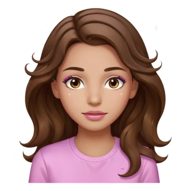 girl with wavy long brown hair, brown eyes, light to medium complexion, long lashes, light pink lipstick, wearing light pink shirt, sweat drops on the forehead sticker