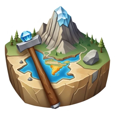 An icon featuring a rock hammer, a fossil, and a geological map, symbolizing geology. The design includes layers of the Earth, a crystal, and a mountain range, representing the study of Earth's structure, materials, and natural processes. Transparent background highlights geological research sticker