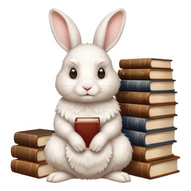 White rabbit sitting horizontally in a natural position on 4 legs, without a book.  There are 3 books nearby. books lie on top of each other other in brown tones

 sticker