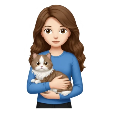 a girl with long wavy ish brown hair with a blue top and black pants holding a white persian cat  sticker