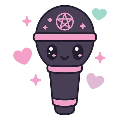 kawaii style magical gothic microphone, cute face, black and pink design, sparkling stars, surrounded by pastel hearts, glamorous and musical sticker