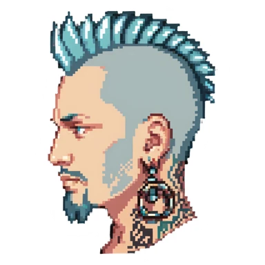 head of a white man with a goatee, mohawk, earring, and head tattoo sticker