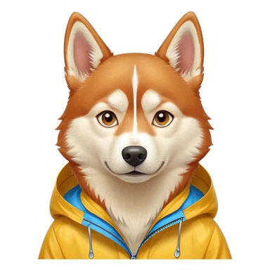 cute, disney-style red siberian husky with blue eyes, wearing a yellow rain jacket sticker