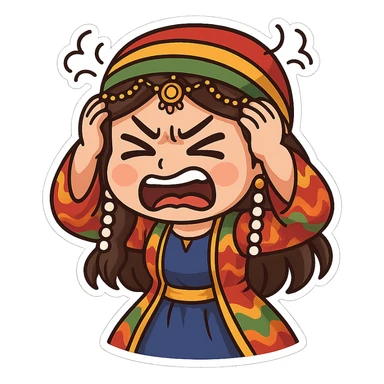 Cartoon sticker of a Kurdish woman wearing traditional colorful and cheerful Kurdish female clothing, face showing anger and rage, both hands on the head as a sign of severe distress or anger, no shadow or color halo around the image, no text, suitable for WhatsApp and Instagram, with a completely transparent background. sticker