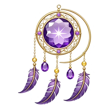 Epic beautiful gorgeous cute gold suncatcher, threads with shiny sparkly amethyst gemstones, flowers, crescents-moons, stars, violet Feather sticker
