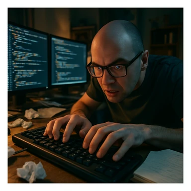 close-up on hands of bald programmer with glasses typing frenetically on keyboard, multiple monitors in background illuminating messy nighttime home office environment sticker