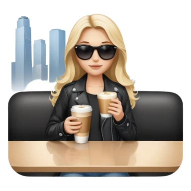blonde woman with long hair, in black sunglasses, holding a latte in her hand, in jeans and a black leather jacket sticker