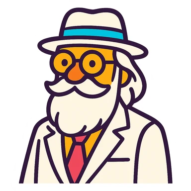 old man with a white hat, long white beard, white moustache, round glasses, white suit, white longish hair, vibrant toon style sticker