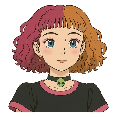 girl with blue eyes, pink makeup, narrow eyebrows, earrings, green alien head choker, black and pink blouse, curly shoulder-length hair, half hot pink half ginger, short straight baby bangs sticker