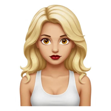 a woman with white tank top her hair is long wavy blonde hair, her face is baddie girl style, her eyes color are yellow and the color of her lip is red maroon sticker