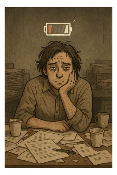 A tired person with a drained expression, a flickering battery icon above their head, and a messy workspace, representing burnout. sticker
