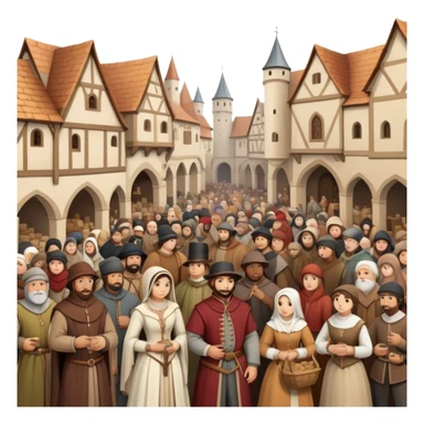 Medieval town crowd scene with many people together, mix of wealthy merchants and common townspeople gathered in a marketplace sticker