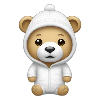 Un oso blanco de pie con un pijama blanco muy delgado y con un gorro sticker