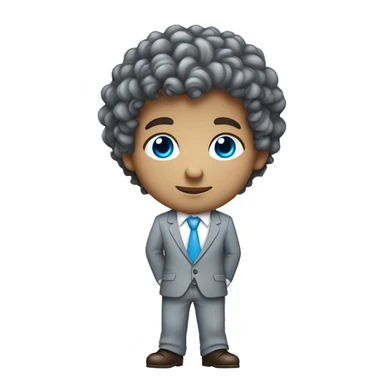 Little young  gentleman wearing a grey suit with white shirt and baby blue tie with blue eyes , white  skin and brown curly hair and full body . Wearing a watch  sticker