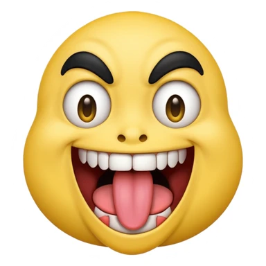 Freaky yellow face emoji smiling really big with huge tongue out and eyes wide open. Tongue should is wagging back and forth. Give him a full head of black hair sticker