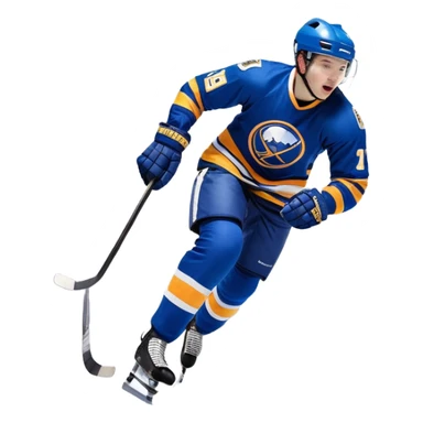 An icon featuring a hockey player in action, skating with a stick and puck on a fast-paced ice rink. The background shows a packed stadium with cheering fans, bright lights, and a snowy landscape visible through the arena's windows. Transparent background captures the excitement. sticker