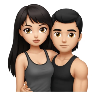 generate a pretty bratz girl in black cami top, dark brown straight long hair with bangs, eyeliner on, 

hugging a handsome muscular boy with black hair and a grey tshirt sticker