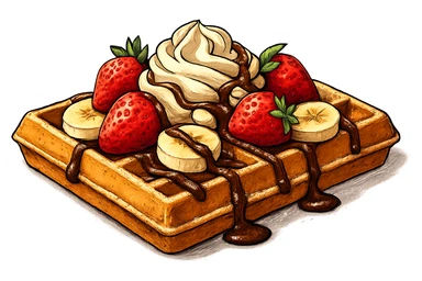 В слегка рисованном, но при этом ярком и объемном стиле с четкими линиями составь фотореалистичную композицию, где горизонтально лежит классическая брюссельская вафля с клубникой и бананом, сливочными кремом, политая шоколадом и посыпанная сахарной пудрой, профессиональный свет, подчеркивающий объем, сделай картинку более широкой, прозрачный фон sticker