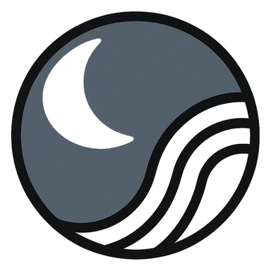 modern abstract logo: dark gray sphere with subtle gradient, white crescent moon or claw shape in the upper left, three white concentric curved lines on the right resembling waves or fingerprint sticker
