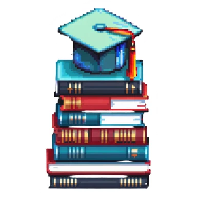 Terraria style pixel art stack of colorful books with a graduation cap on top sticker