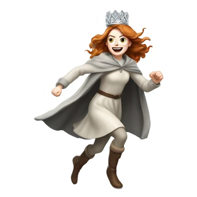 Emma Stone running, with a large stride and arms outstretched, wearing an icicle Crown and Winter Cloak sticker