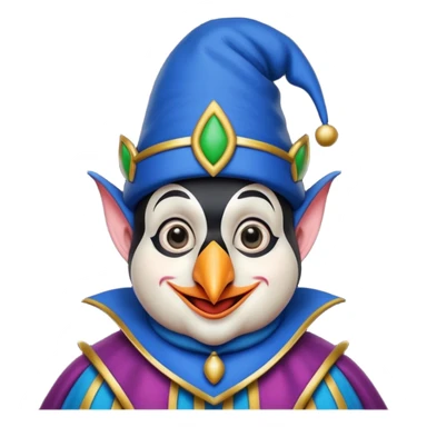 crazy funny colorful real penguin jolly joker, medieval, vintage, court jester, mac os icon, blue color sticker