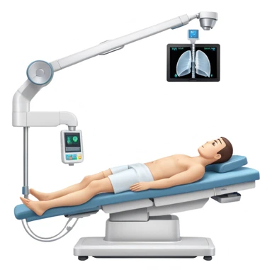 3D medical DEXA scan machine with male patient lying on examination table, bone density measurement equipment with scanning arm over patient sticker
