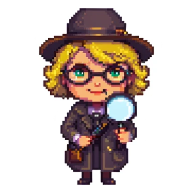 pixel art grandmother detective with a magnifying glass sticker