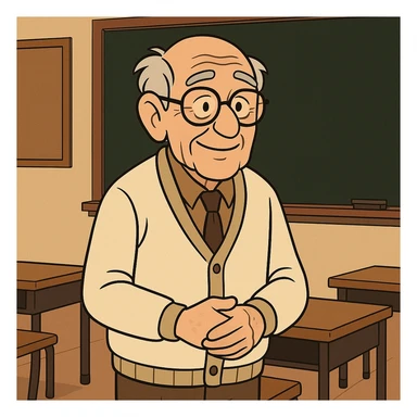 an old teacher, around 80 years old, wise and gentle, with glasses and gray hair, in a classroom, cartoon style sticker
