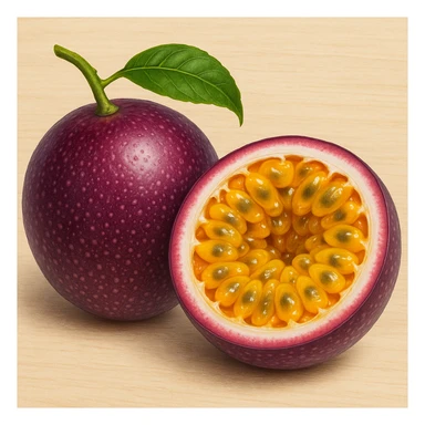 a passionfruit, whole and cut open, in a vibrant, realistic style sticker