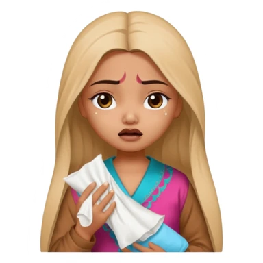 a pretty bratz fair indian girl wearing a brown pajamas, dark circles, crying, holding tissues sticker