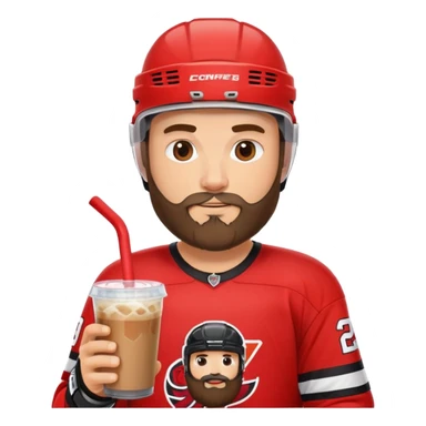 hockey player with a beard with iced coffee in red and black jersey wearing a hockey helmet  sticker