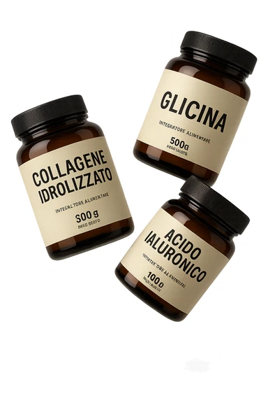 3 BARATTOLI DI INTEGRATORE CON LA SCRITTA: COLLAGENE IDROLIZZATO, GLICINA, ACIDO IALURONICO FLUTTUANO IN ARIA, IPERREALISTICA 4K sticker