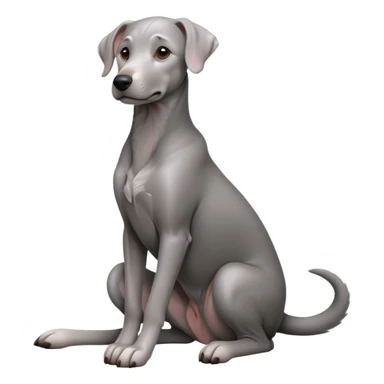 cinematic-[weimeraner-realistic-full-body-sitting-emoji,-tail-resting-loosely-beside-its-paws,-head-tilted-dramatically, -sleek-[grey]-fur,-simplified-yet-realistic-focused-features,-highly-detailed,-glowing-with-an-almost-sarcastic-glow sticker