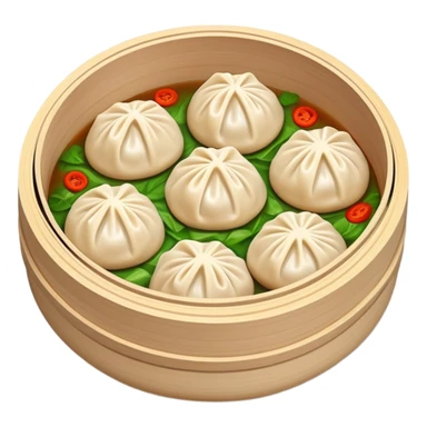 Xiaolongbao Shanghai soup dumplings with steam, simplified emoji style with bold outlines and bright colors, cartoon style Chinese steamed bun sticker