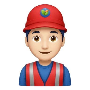 polished Apple emoji-style character, Lowe’s associate, flat vector, front view, red vest, navy blue cap, rounded and friendly, soft smile, simple eyes, no text, no logos, clean background, minimalist sticker
