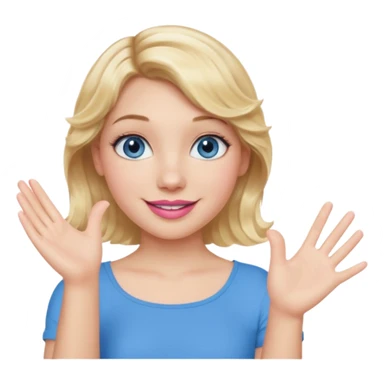 Girl Blonde short wavy hair,  blue eyes, cute blue top, long lashes, pink lips, smiling, one hand palm up sticker