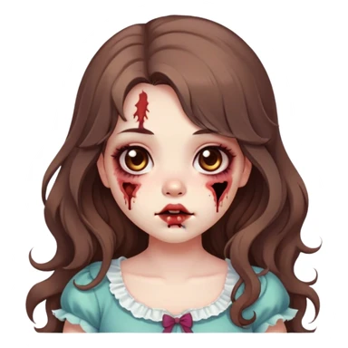 Zombie girl, long wavy brown hair, big doe brown eyes, cute chubby cheeks and lips, coquette / kawaii style sticker