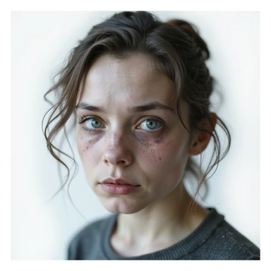 young woman with vitamin B12 deficiency, very pale skin, marked dark circles, slightly bluish lips, dull and fragile hair, expression of extreme fatigue, hyperrealistic 4K details, vertical 9:16, white background sticker