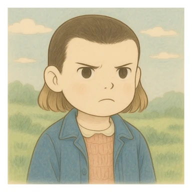 Eleven from Stranger Things with a serious expression, simple and delicate line art as in the reference drawing, colored in pastel tones, in Ghibli style, square 1:1 format. sticker