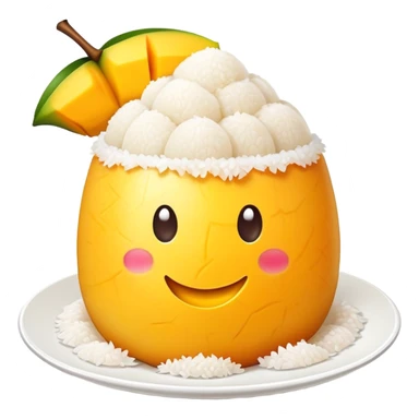 cinematic-realistic-mango-sticky-rice-dessert-emoji,-showcasing-sweet-sticky-rice out of a mould-paired-with-ripe-mango-slices-and-coconut-milk-rendered-with-lifelike-detail-and-warm,-inviting-lighting with the coconut  milk over the rice sticker