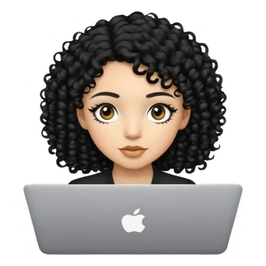 a girl using the mac book air with black curly hair and brown eyes with winged black eyeliner sticker