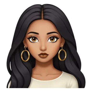 indian girl, brown skin, long black voluminous hair, brown underneath colored hair, baddie,pretty, makeup, lipliner, black eyeliner, gold hoop earrings, white top sticker