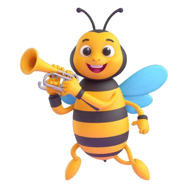 a cartoon bee playing a trumpet, cheerful expression sticker