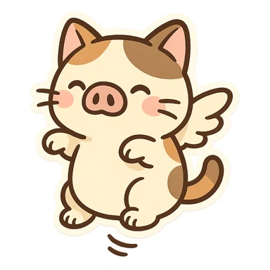 a chubby cat with pig nose and wings, floating in the air, cartoon style, cute and playful sticker