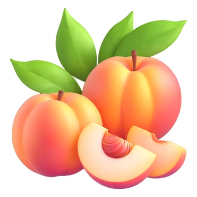 white peach fruit, one whole and one cut open, shiny and smooth, detailed and vibrant, with a green leaf, iOS 3D emoji style sticker
