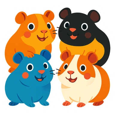 four happy and cute guinea pigs, different colors, colorful and friendly illustration style, white background sticker