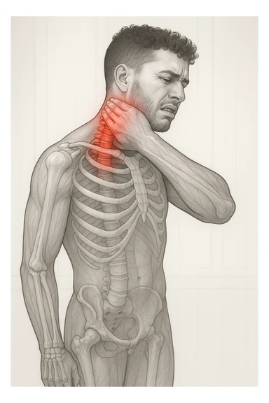 Uomo con dolore per infortunio vista anatomica in piedi con dolori cervicali sticker