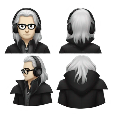 long haired pale vampire man, long black hair, big headphones and glasses VAMPIRE teeth and coat, clear visible face sticker